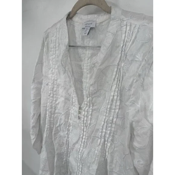 Kenar 100% Linen Shirt Women XL White Embroidered Roll Tab Sleeve Coastal Beach - Picture 8 of 8
